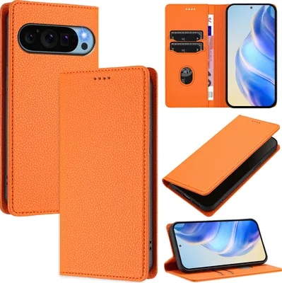 Produktbild von Litchi Leder Handyhülle für Google Pixel 9 / Pixel 9 Pro Wallet Kartenfächer Standfunktion Hülle Orange