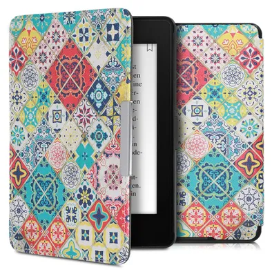 Produktbild von kwmobile Schutzhülle für Amazon Kindle Paperwhite Hülle - eReader Flip Case mit Auto Sleep Funktion - Marokkanische Fliesen bunt mit Blau Rot