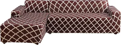 Produktbild von Sofa Überwürfe 2 teilig 3 Sitzer + 3 Sitzer, Elastisch Stretch Sofabezug L Form 2er Set mit 2 Stück Kissenbezug Sofabezüge Sofa Überzug Couch Bezug Sofaüberwurf L Form Sofa Abdeckung (Braun Geometric,L Form 3 Sitzer + 3 Sitzer)