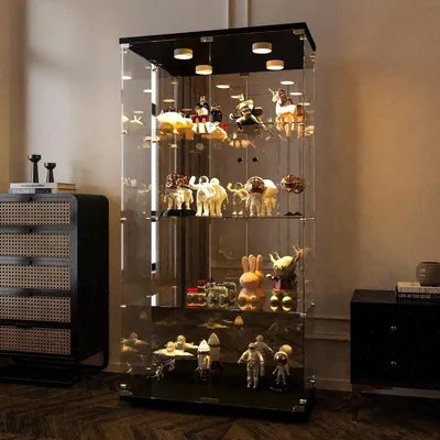 Image de Armoire vitrine en verre, 4 étagères, éclairage LED, noire, 2 portes