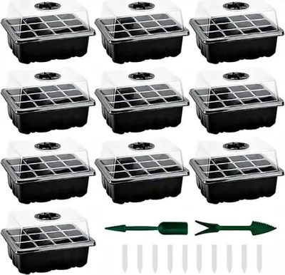 Produktbild von Mini-Gewächshaus für Setzlinge – 10er-Pack – 120 Zellen – inklusive Gartenwerkzeug – Schwarz