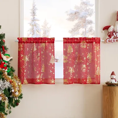 Voile Gardinen 60x60 cm, 2 Stück, Rot, Weihnachtsdeko