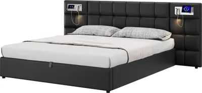 Produktbild von Polsterbett mit LED-Beleuchtung, Wireless Charger und Stauraum, extra breites Kopfteil mit Spots, Type-C und USB Anschlüssen, 180x200 cm, Stauraumbett