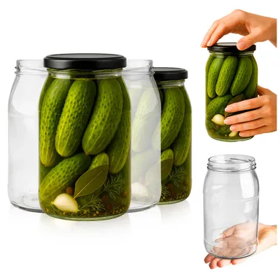 Several glass jars filled with pickles are arranged on a white background. One jar is being held by a hand, and another empty jar is shown separately.