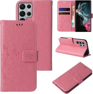 Produktbild von Handyhülle für Samsung Galaxy S23 Ultra Floral Blumen Schmetterling Flip Cover Hülle Case Klapphülle Handytasche Farbe: Rosegold