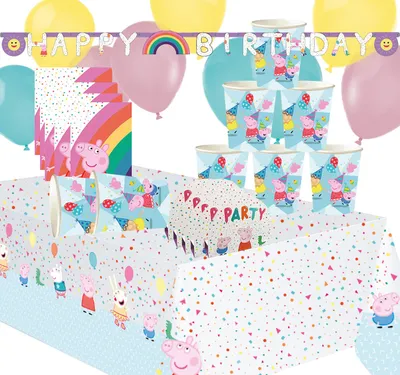 Peppa Wutz Party-Set aufgebaut mit Bechern, Girlande, Geschenktüten, Einladungskarten und Luftballons. Die Tischdecke gehört nicht zum Lieferumfang dazu.