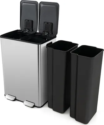 A silver dual-compartment trash can with two black inner bins and open lids, displayed on a white background.