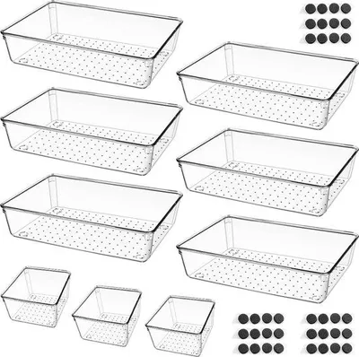 Image de Organiseur de tiroir, 9 pièces, transparent, plastique, 22,5 x 15 x 5 cm
