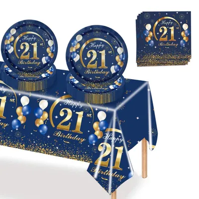 Produktbild von Partygeschirr Set 37tlg. 21. Geburtstag Blau Gold für 16 Gäste mit Tischdecke, Papptellern, Servietten