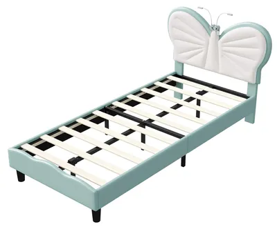 Obrázek produktu pro Dětská postel pro dívky - 90x200 cm, čalouněná postel - samet - nastavitelná opěrka hlavy ve tvaru motýla - lampička na čtení - úložný prostor - modrá barva