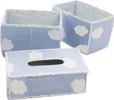 Zdjęcie produktu dla roba zestaw organizerów do pielęgnacji "Kleine Wolke blau", 3 elementy, 2 pudełka na pieluchy i akcesoria, 1 pudełko na chusteczki nawilżane