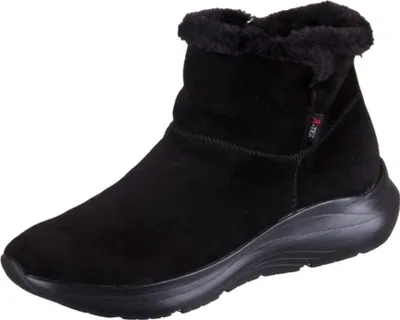 A black winter boot with a fur lining is shown against a white background.