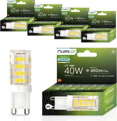 Produktbild von LUMILED LED Lampen G9 5er Set LEDs 5W = 40W 6500K Kaltweiß 460lm 360° Lichtwinkel 230V kein Flackern SMD kleine LED Lampen