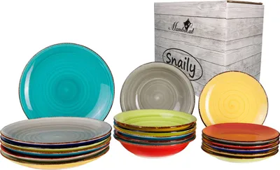 Produktbild von 18-tlg. Tellerset Snaily für 6 Personen buntes Tafel-Geschirr Kuchen-Teller + flache Speiseteller