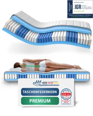 Produktbild von AM Qualitätsmatratzen | Premium 7-Zonen Taschenfederkernmatratze | 140x220 cm | H3 | Tonnentaschenfederkernmatratze | 140/220 | Federkernmatratze | Härtegrad H3 | 7 Zonen | 24 cm Höhe