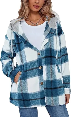 Produktbild von ASKSA Damen Karierte Kapuzen Warm Hemdjacke mit Kapuze Langarm Knöpfen Mantel Jacken, Blau, M