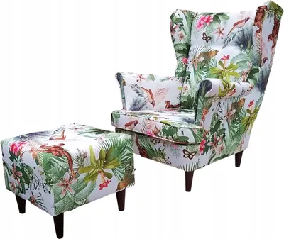 Produktbild von Family Meble Ohrensessel mit Hocker Print Relaxsessel Skandinavisch Bequemer Sessel Loungesessel Fernsehsessel Wohnzimmer Schlafzimmer Büro (GARDEN 2)