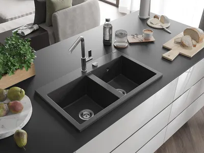 Produktbild von Mexen Hektor Granitspüle 2-becken 800 x 480 mm, schwarz gesprenkelt, Chrom-Siphon - 6521802000-76