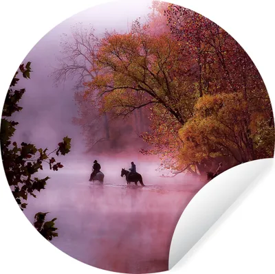 Produktbild von MuchoWow® Runde Wandtattoo - Wandsticker Tapete Aufkleber Pferde - Nebel - Wald Ø 50 cm Selbstklebend und Repositionierbar - Wandaufkleber - Kreis - Wand Kreis - Wand Bild - Foto Tapete - Selbstklebende - Wohnzimmerdekoration - Wand Dekoration - Kinderzimmer