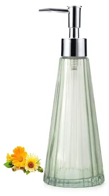 Image de Distributeur de savon liquide de 300 ml pour la salle de bains et la cuisine, distributeur en verre avec pompe en acier inoxydable argenté, distributeur de savon liquide dans un joli vert élégant.