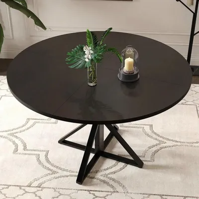 Zdjęcie produktu dla Stół jadalny – okrągły 120 cm – blat drewniany – metalowa podstawa – dla 4 osób – nowoczesny – do małych pomieszczeń – czarny