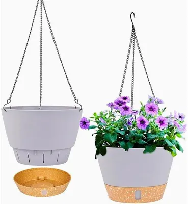 Zdjęcie produktu dla Zestaw 2 wiszących doniczek, o średnicy wewnętrznej i zewnętrznej 25,4 cm, wisząca doniczka z otworem drenażowym i 3 haczykami, do ogrodu i domu (jasnoszara)