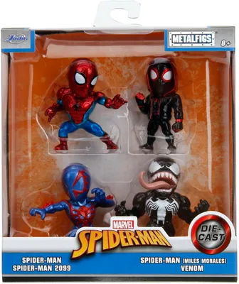 A retail package containing four Spider-Man themed die-cast figures.