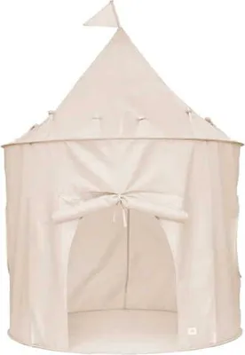 A beige children's play tent with a triangular roof and a small flag on top, set against a white background.