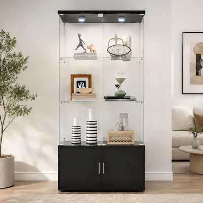 Produktbild von INONEFT Glasvitrine mit LED, Vitrinenschrank Doppeltür 4 Etagen mit Schloss, Hartglas, Versteckter Speicherplatz, 78×35×164 cm, Schwarz, KI-generiertes Bild