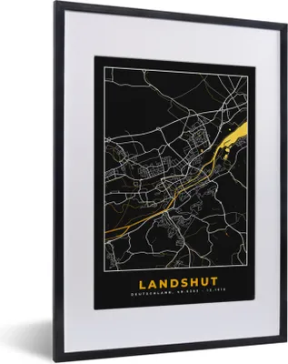 Produktbild von MuchoWow® Gerahmtes Poster Schwarz und Gold - Stadtplan - Landshut - Deutschland - Karte 30x40 cm - Poster mit Schwarzem Bilderrahmen Wandposter Rahmen Foto Bilder - Wandposter Schlafzimmer