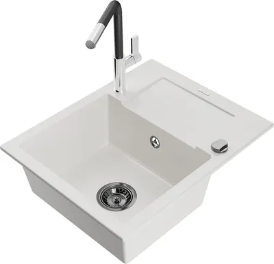 Produktbild von Mexen Enzo 1 Becken-Granitspüle mit Abtropffläche und Mischbatterie Flora, Weiß - 6506-20-670401-07-B