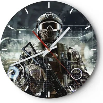 Produktbild von Wanduhr - Rund - Glasuhr - Soldat Gewehr - 30x30cm - Schleichendes Uhrwerk - Lautlos - zum Aufhängen bereit - Dekoration Modern - Wanddekoration aus Glas - C3AR30x30-4071