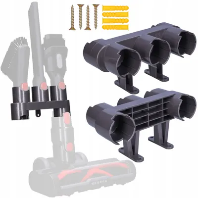A product shot of vacuum cleaner accessories and mounting hardware against a white background.