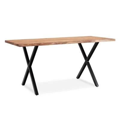 Image de WOHNLING Table de salle à manger 120x60x76 cm Bois massif d'acacia / métal Table de salle à manger Table de cuisine massive avec pieds en X noirs Table en bois Table à manger