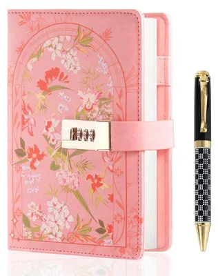 Productafbeelding van Dagboek met slot, formaat A5, met lijntjes, inclusief pen en cadeauverpakking, bloemenmotief, roze
