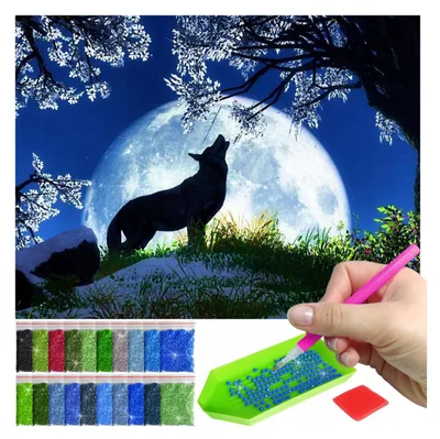 Produktbild von ARTULIO - Diamond Painting Set - Wolf vor Vollmond bei Nacht - 40 × 30 cm - 5D Diamant Painting, Crystal Art, Bilder DIY, Home Wand Deko