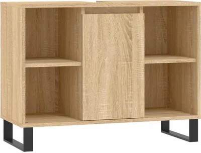 A wooden cabinet with black legs against a white background.