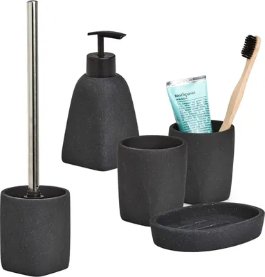 Produktbild von 5-teiliges Badezimmer-Set Dark Stone schwarz matt, Badzubehör-Set besteht aus: Seifenspender, 2x Zahnputzbecher, Seifenschale & WC-Bürste
