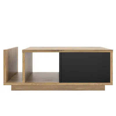 A modern coffee table with a wood finish and a black drawer.