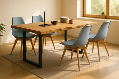 Produktbild von 5tlg. Essgruppe Seattle| Esstisch mit 4 Stühlen | 120x80 cm mit echter Baumkante | Eiche/Wildeiche massiv | U-Gestell Schwarz | 4X Schalenstuhl Grau inkl. Sitzkissen