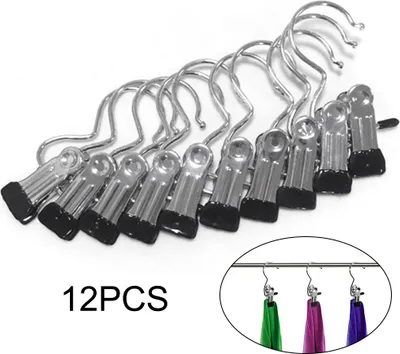 A set of 12 metal clips with hooks, arranged in a curve against a white background. A small inset image shows three clips hanging scarves.