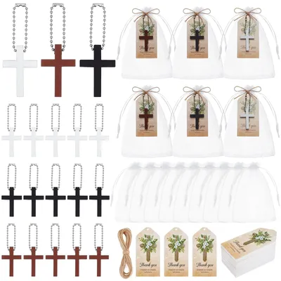 Image de Lot de 120 porte-clés en bois en forme de croix, idéal pour les commémorations et les célébrations