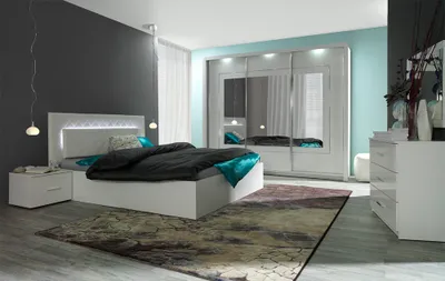 Produktbild von Schlafzimmer Set 5-teilig in weiß Hochglanz PALINURO-166 mit 180cm Bett und 208cm Kleiderschrank