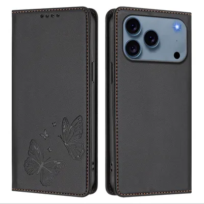 Image de Étui en cuir pour iPhone 18 Pro, avec motif papillon, type portefeuille rabattable avec support. Couleur : noir