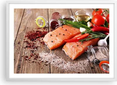Produktbild von Gerahmtes Poster - Weißer Rahmen - Lachs Fisch Essen Küche - 70x50 cm - Wand Bild - Wanddeko - Wandbilder - Kunstposter - Wandposter - Bilderrahmen - Bilder - Kunstdruck - Wandbild - P2WAA70x50-2822