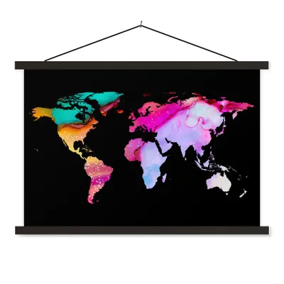 Produktbild von MuchoWow® Textilposter Weltkarte - Aquarell - Regenbogen 90x60 cm mit schwarzem Rahmen - Aufhängungssatz
