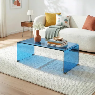 Produktbild von Couchtisch 'Väsas' Glastisch fertig montiert 90 x 45 x 35 cm rechteckig aus gehärtetem Glas Blau