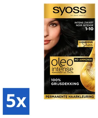 Imagen del producto de 5 unidades de tinte permanente para el cabello SYOSS Oleo Intense 1-10, color intenso, pack ahorro