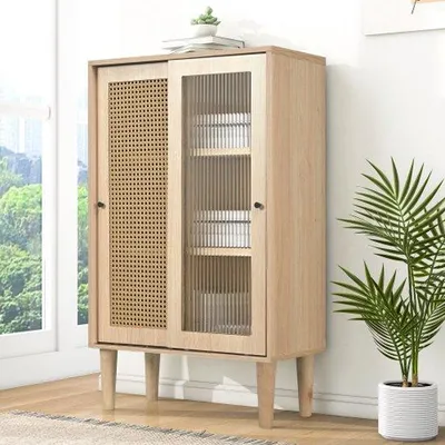 Immagine prodotto di Comò in plastica con cassetti in vetro e plastica, larghezza 60 cm, finitura effetto legno lucido