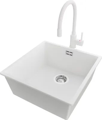 Produktbild von PRIMAGRAN Unterbauspüle Granit Weiß 46x47cm, Spülbecken 1 Becken + Küchenarmatur 38x14cm + Ablauf-Set, Granitspüle ab 50er Unterschrank - London
